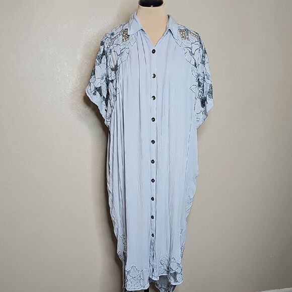 Free People Cut It Out Midi Dress Sky Blue Embroidered Medium Short Sleeve - Picture 2 of 12